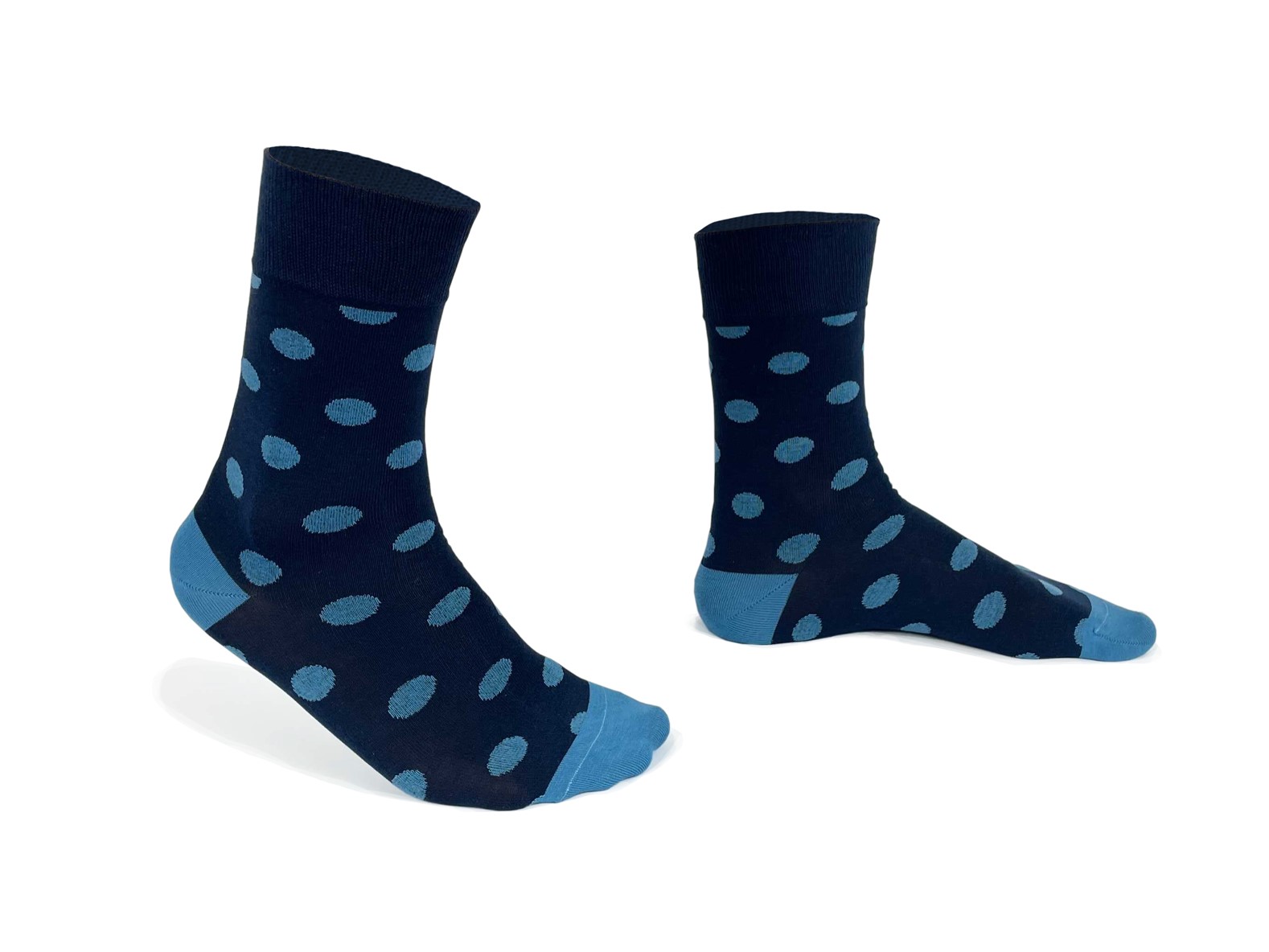 chaussettes-fantaisie-hommes-femmes-en-coton-bleu-marine-à-motif-gros-pois-bleu-ciel-remaillées-à-la-main